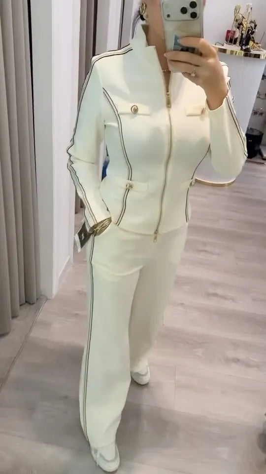 Contrast Piping Zip‐Up Jacket & Wide Leg Pant Tracksuit Set