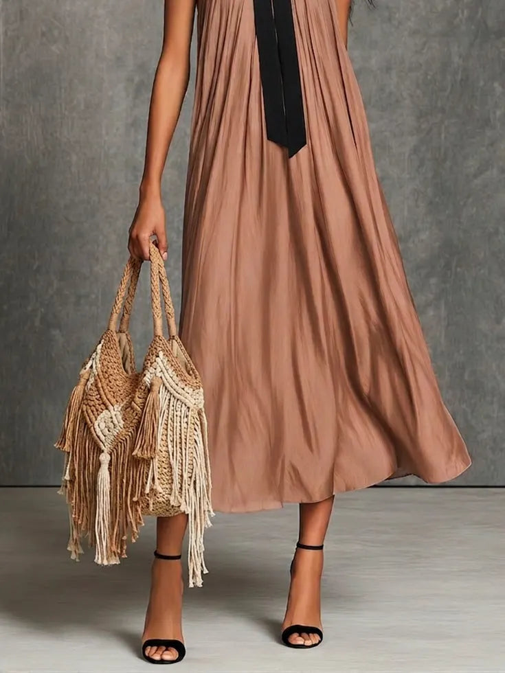 Black Bow Halter Neck Pleated Loose Brown Midi Dress