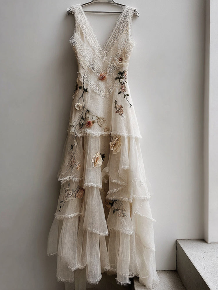 Vintage Floral Art V Neck Comfy Sleeveless Maxi Dress
