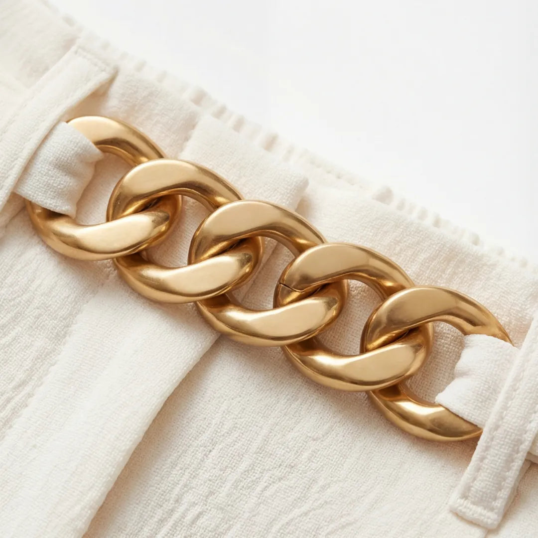 Elegant Linen Wide Leg Trousers, High Waist with Statement Chain Detail