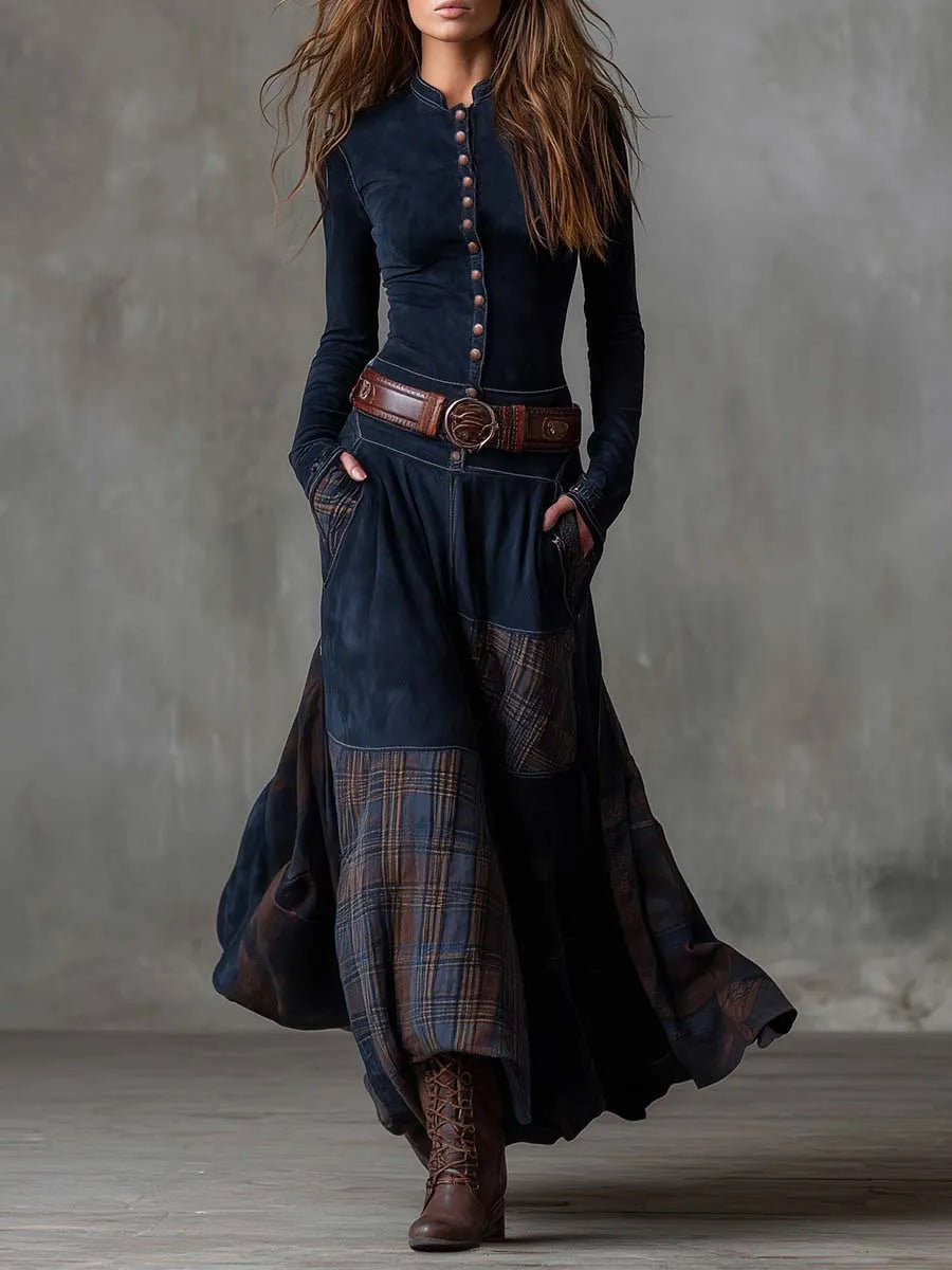 Suede Plaid Patchwork Vintage-Style Dress With Pockets, Button-Up Front, And Belted Waist