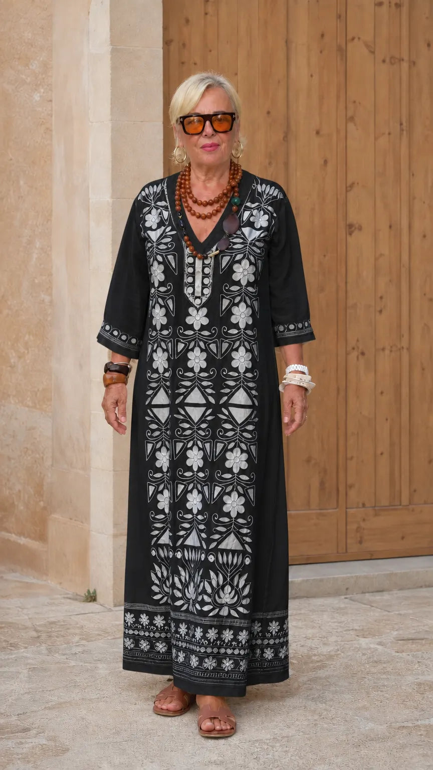 Embroidered V-Neck Kaftan Maxi Dress with 3/4 Sleeves