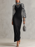 Black Zebra Print Mock Neck Raglan Sleeve Ribbed Bodycon Maxi Dress