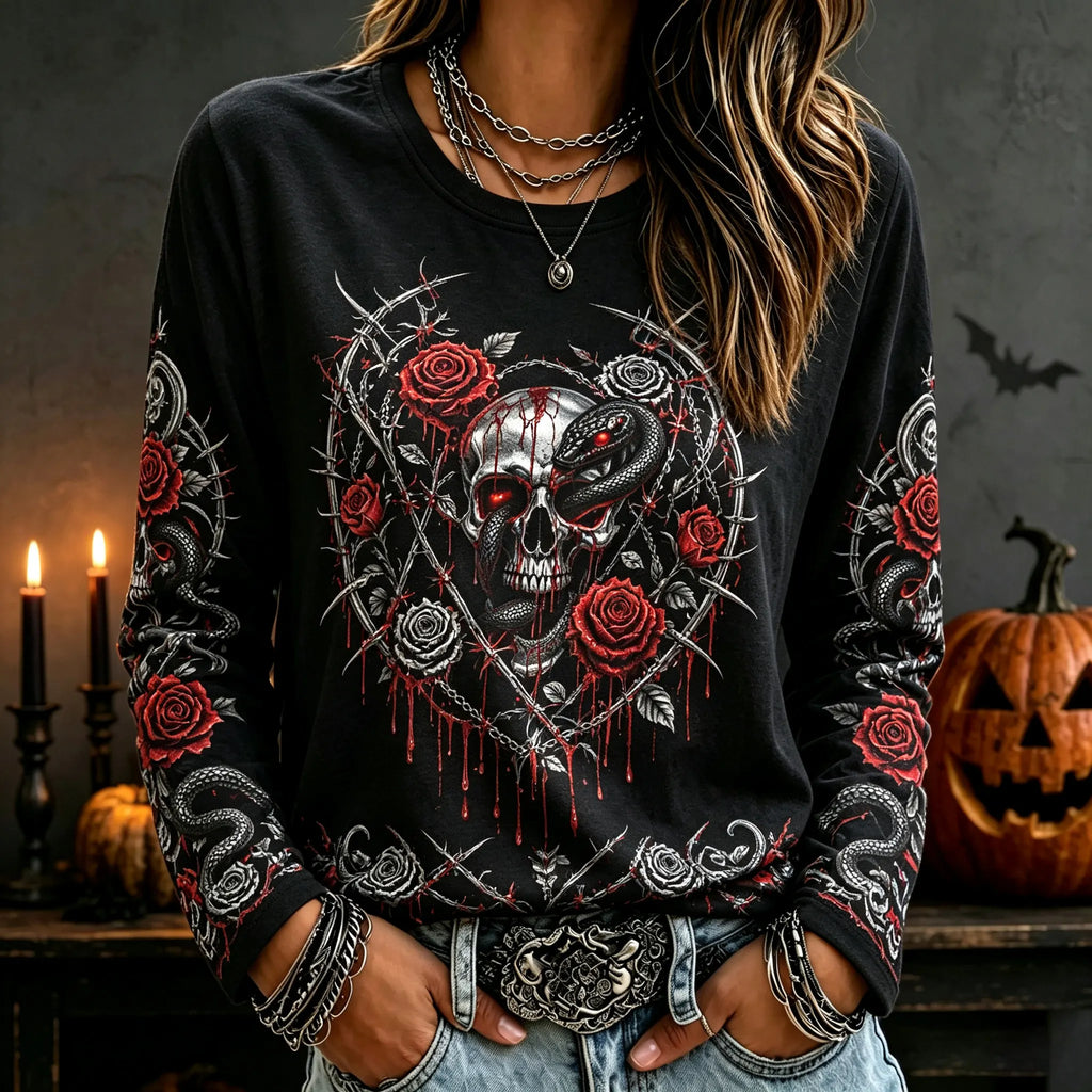 Women's Halloween Gothic Print Crew Neck Long Sleeve T-shirt