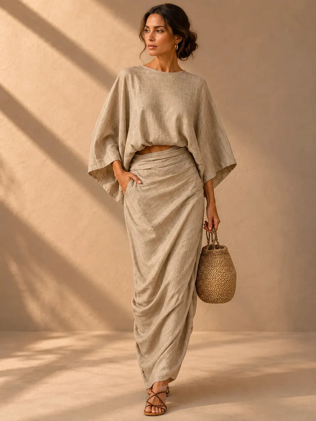 Linen Blend Batwing Top & Wrap Maxi Skirt Two‐Piece Set