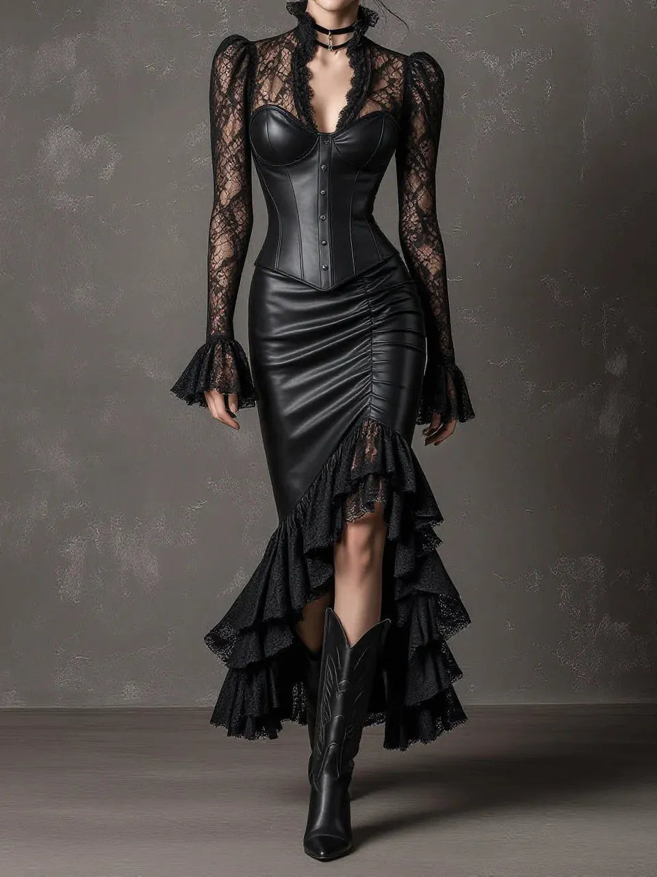 Black Lace Spliced Leather Corset Asymmetric Mermaid Skirt Set
