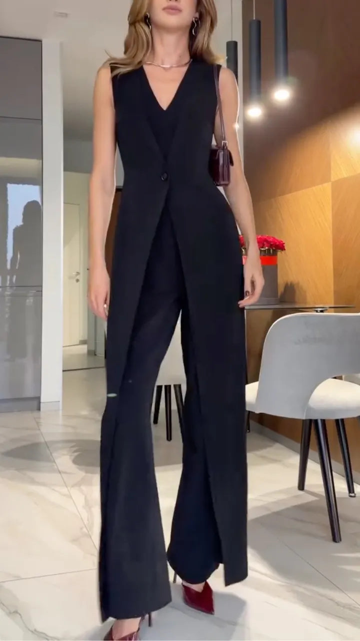 Sleeveless Lapel Blazer Overlay Wide‐Leg Jumpsuit