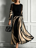 Abstract Print Round Neck Mesh Lantern Sleeve Maxi Dress