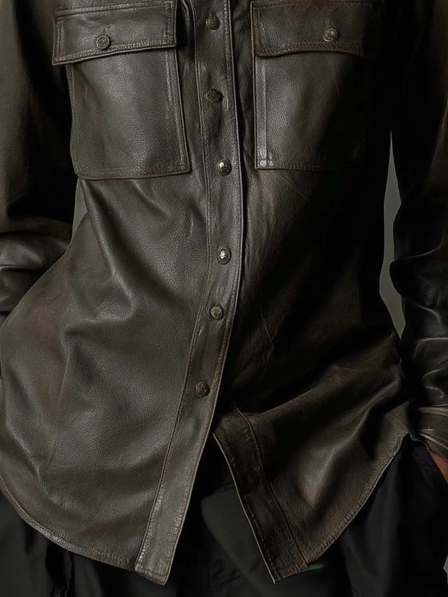 Dark Olive PU Leather Utility Shirt