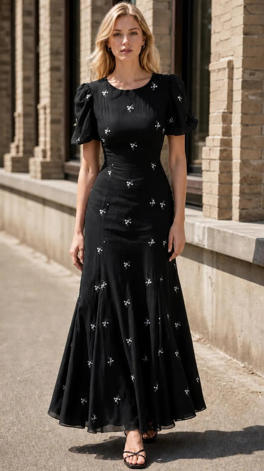 Women's Floral Embroidered Puff Sleeve A-Line Maxi Dress