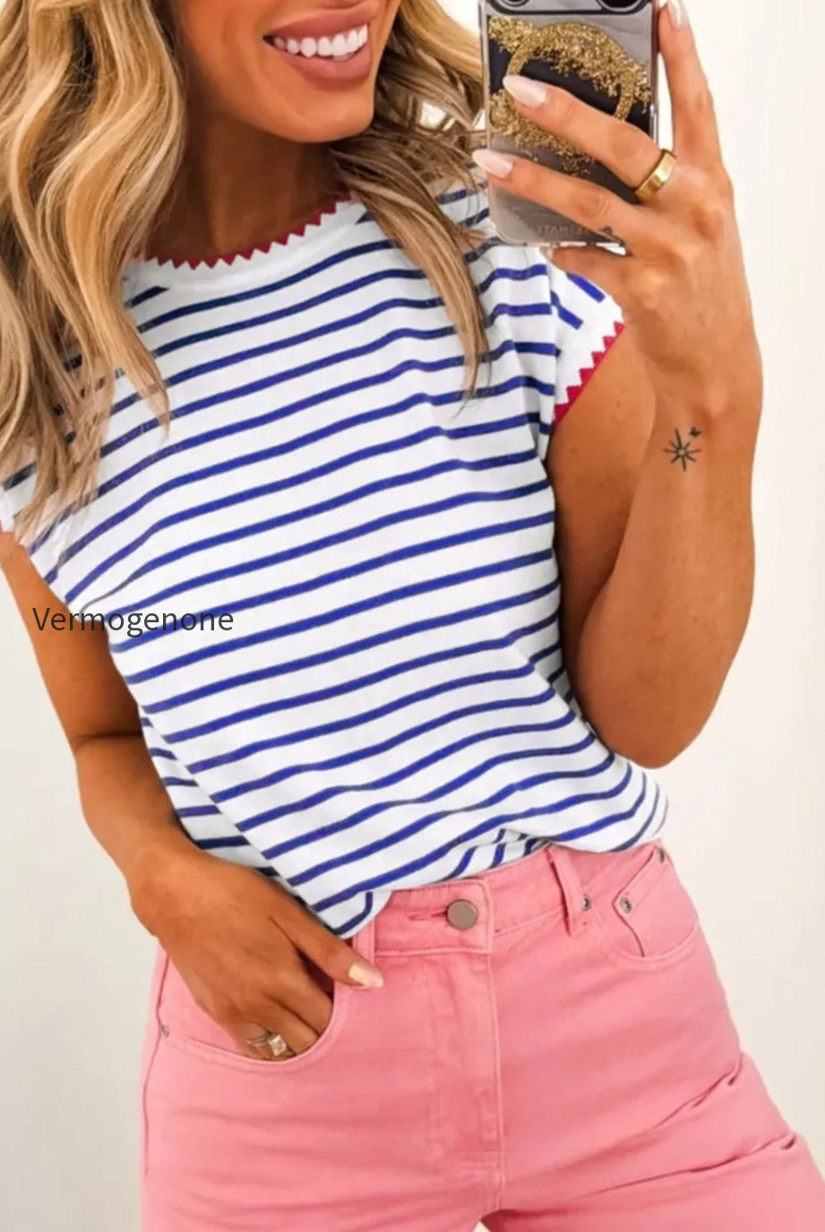 stripe-contrast-trim-round-neck-cap-sleeve-tee