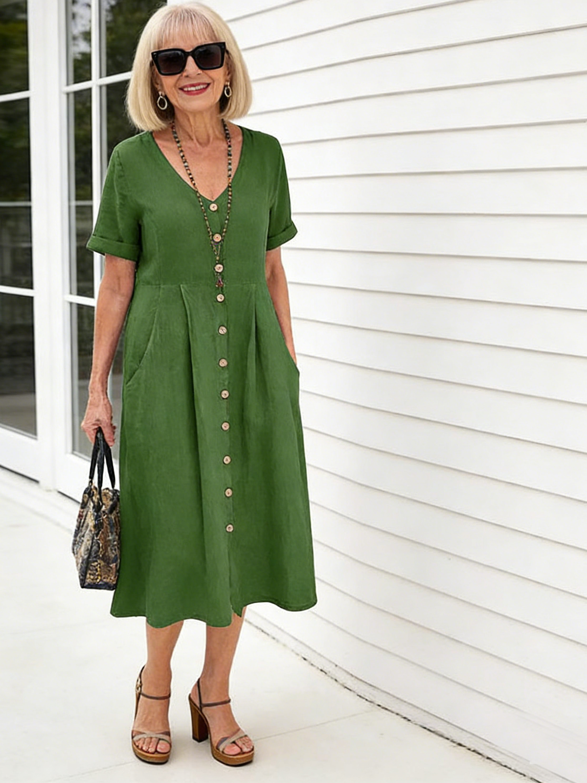 Solid Color Loose High Waist Cotton and Linen Dress