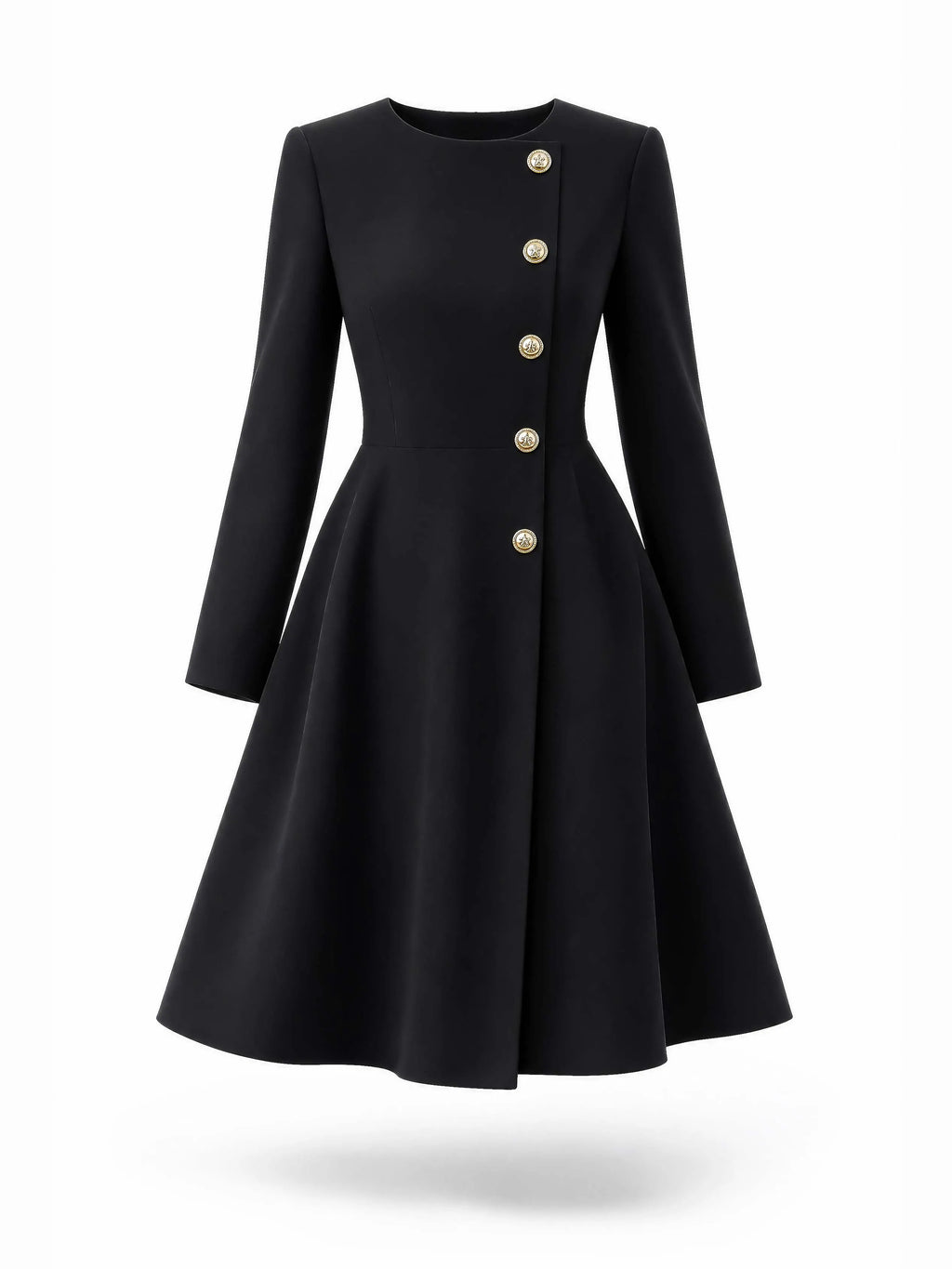 Vintage Gold Button Midi A‑Line Coat