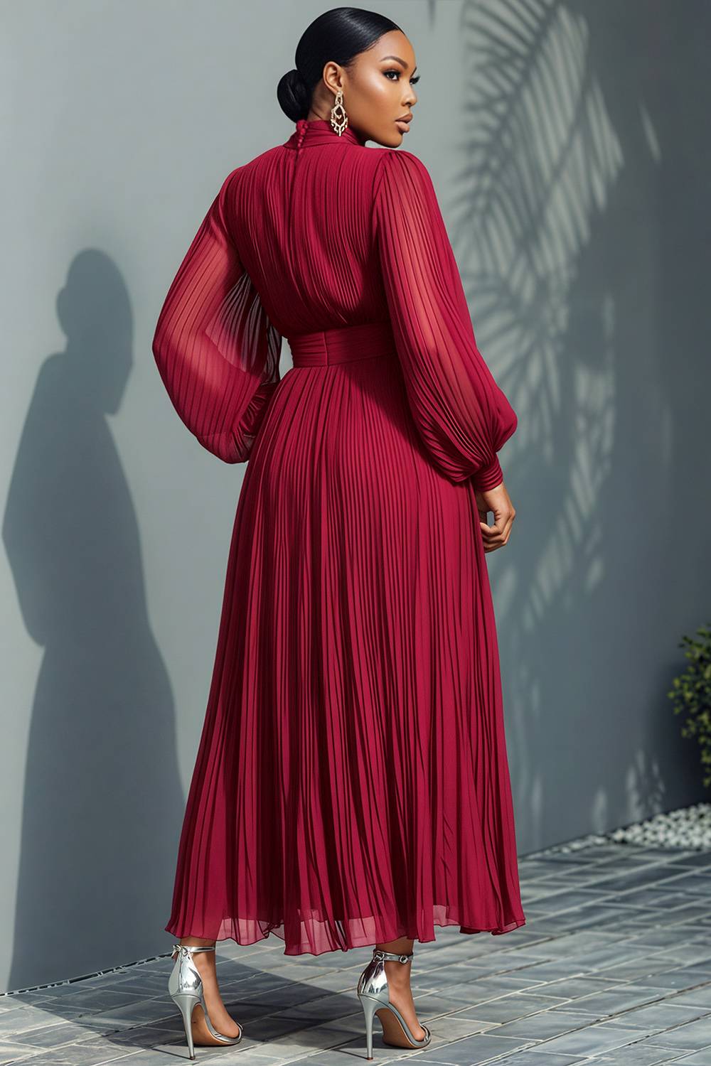 Navy Blue Mock Neck Lantern Sleeve Long Sleeve See Through Elegant Ruffled Midi Dresses