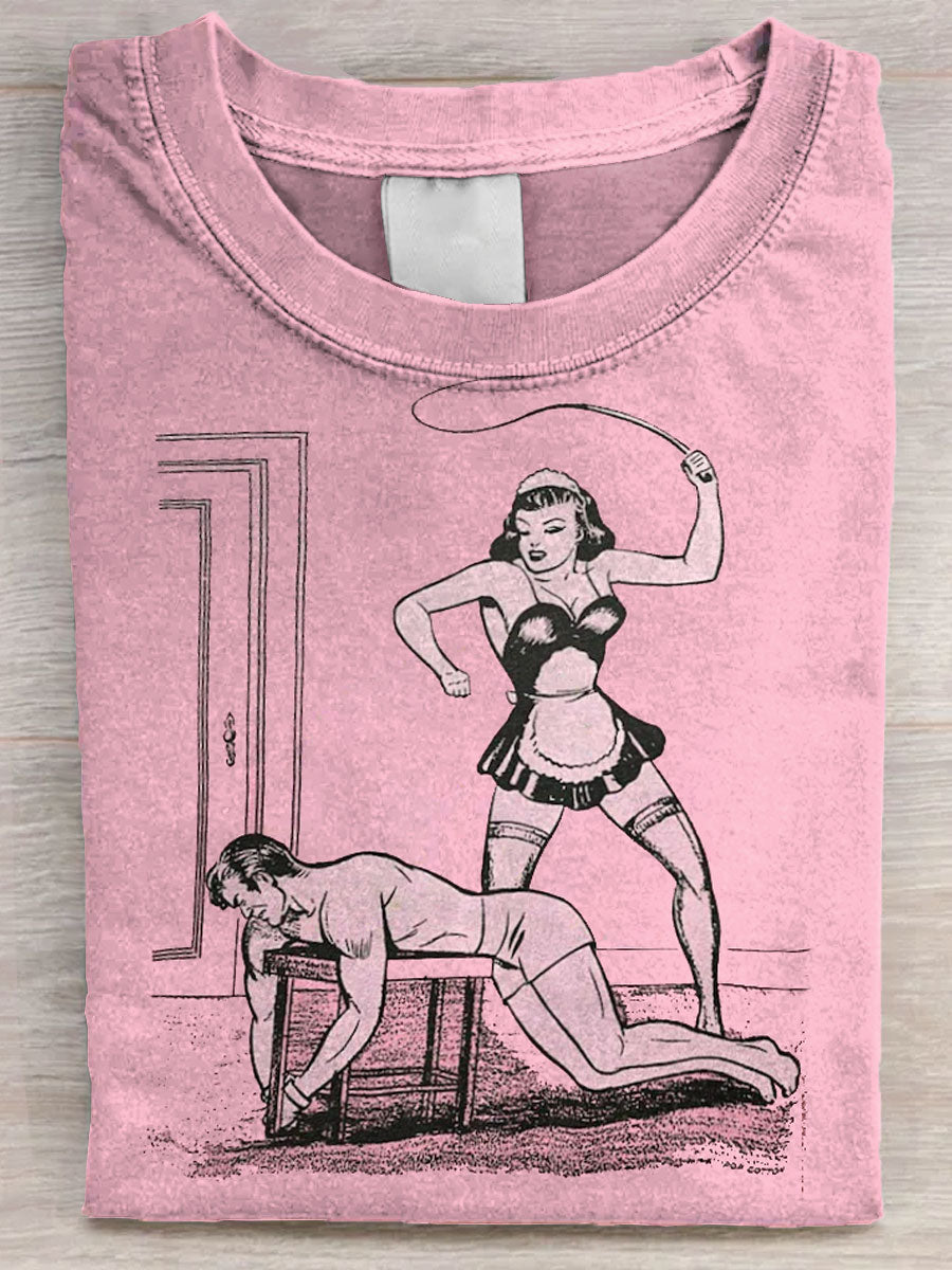 Retro Femdom French Maid Whipping Man Art Print Casual Short Sleeve T-shirt
