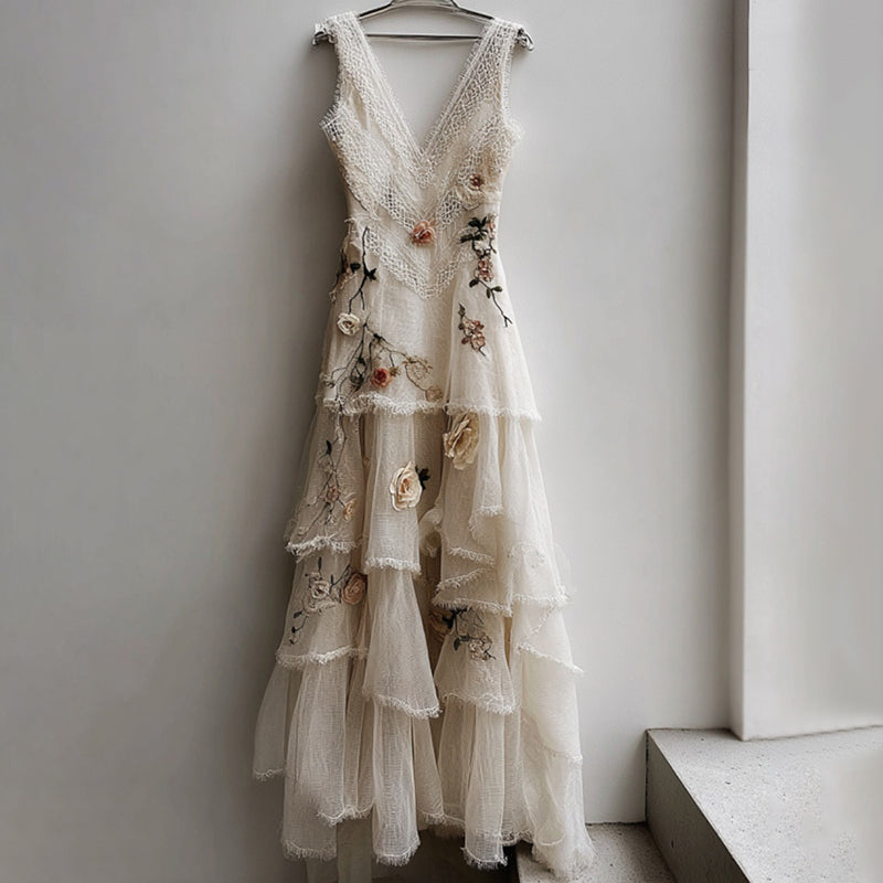 Vintage Floral Art V Neck Comfy Sleeveless Maxi Dress