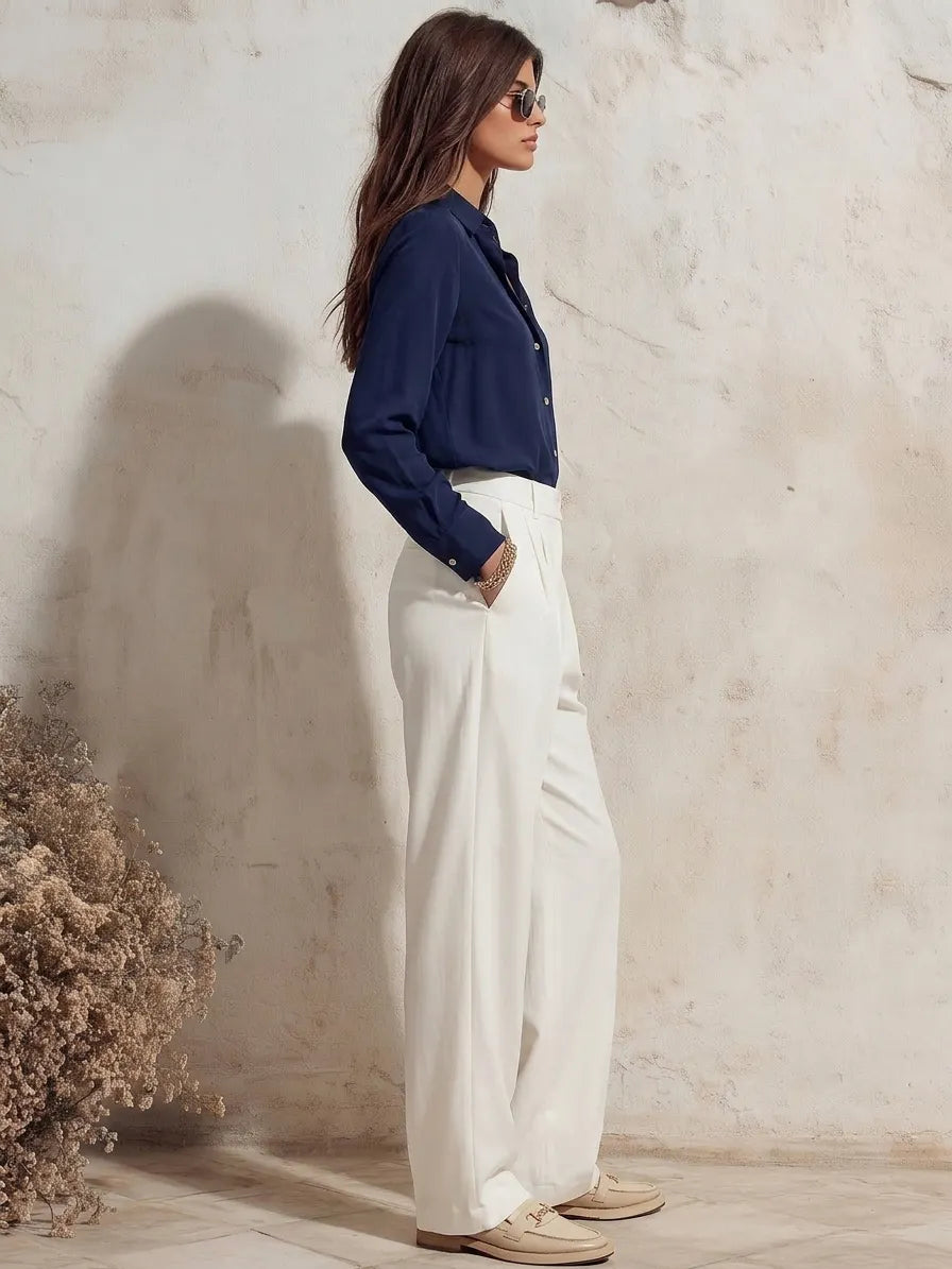 Nautical Riviera Off White High Waisted Pleated Wide Leg Trousers