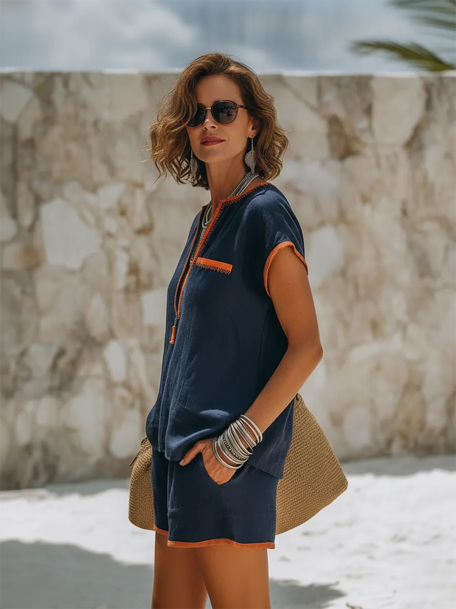 Retro Vacation Short-Sleeve Top And Shorts With Contrast Trim Cotton-Linen Set