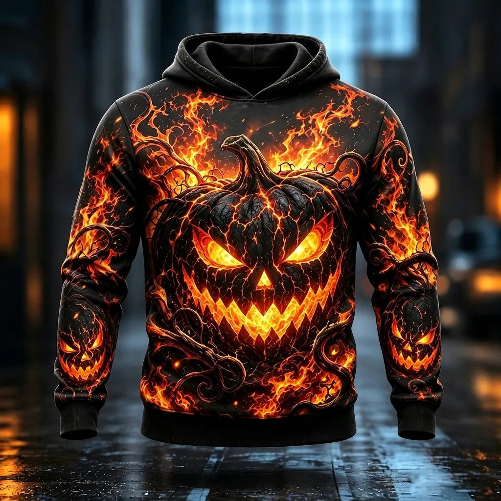 Men's Halloween Flaming Pumpkin Print Casual Hoodie