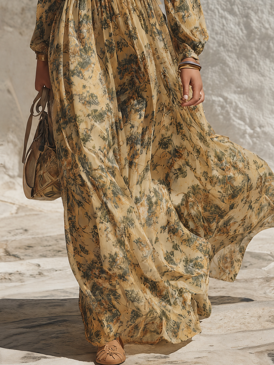 Resort-style V-neck Long-sleeved Abstract Print Maxi Dress