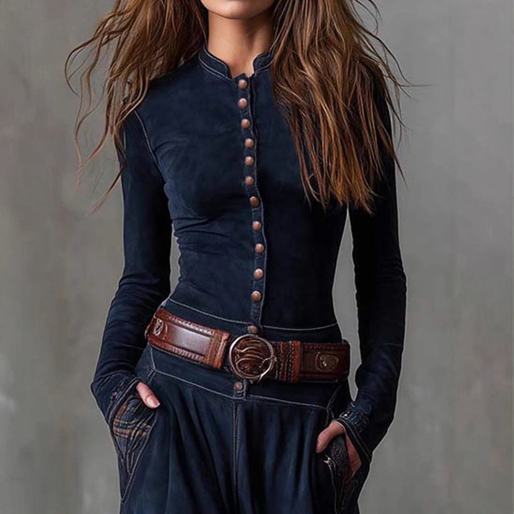 Suede Plaid Patchwork Vintage-Style Dress With Pockets, Button-Up Front, And Belted Waist