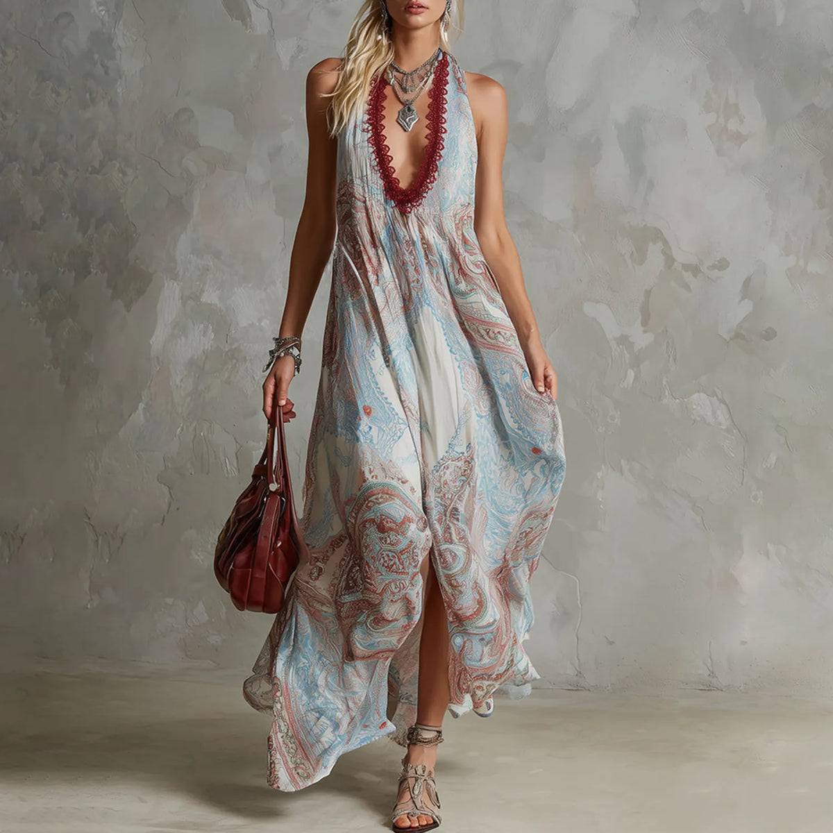 Spring Outfits Retro Ethnic Bohemian Contrast-Colour Blue Floral Chiffon Sleeveless Maxi Dress