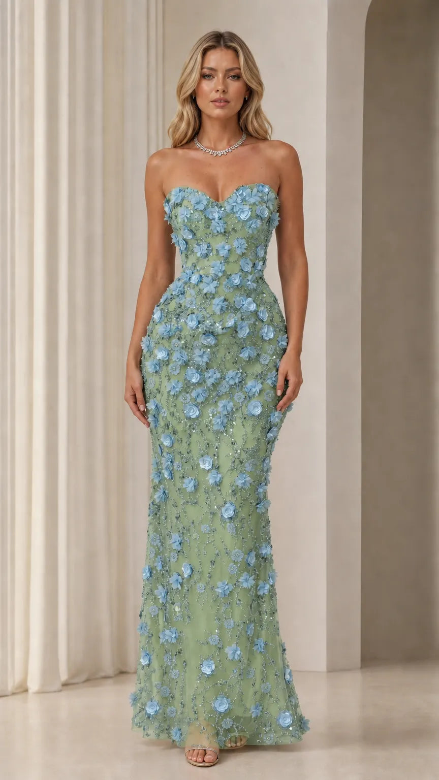 Strapless 3D Floral Applique Sequin Tulle Evening Gown
