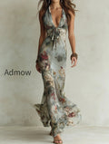 vintage-floral-print-halter-neck-fishtail-chiffon-maxi-dress
