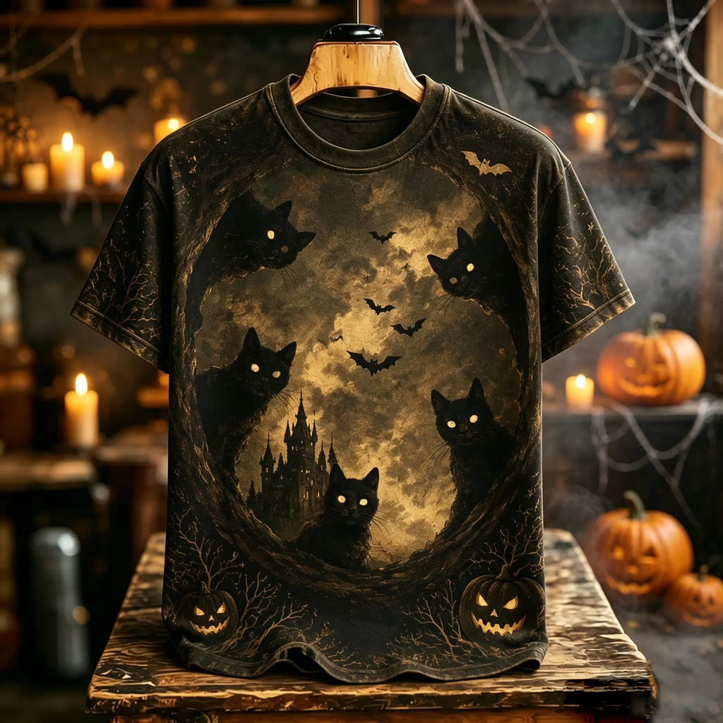 Men's Retro Halloween Cat Print T-shirt