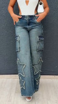Women High-waisted Patchwork Star Wash Casual Jeans