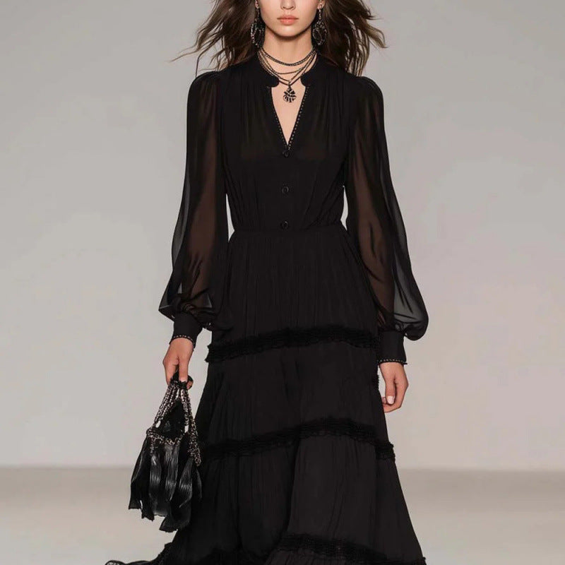 Elegant Black Tiered Maxi Dress With Sheer Sleeves And Lace Trim