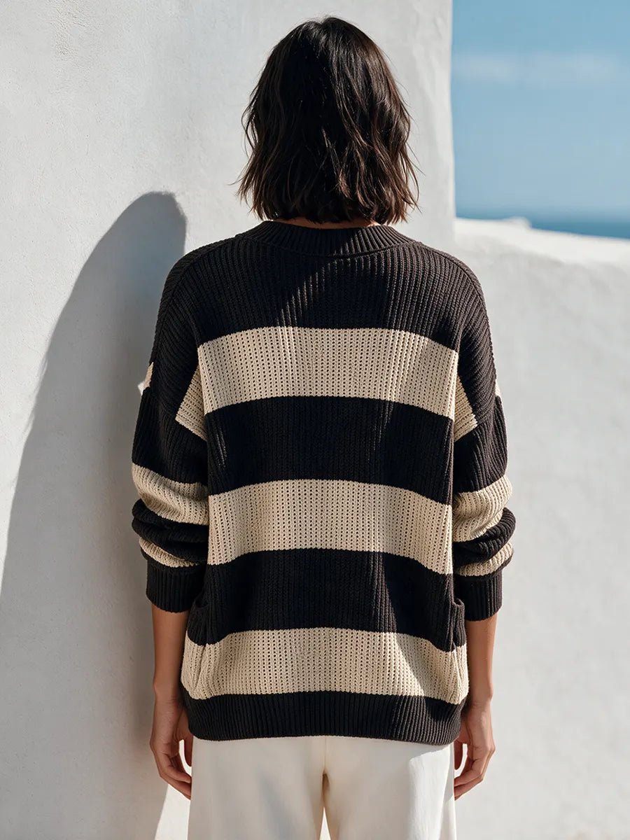 Women's Color-Block Striped V-Neck Knit Cardigan MDZ0153I4ZRK