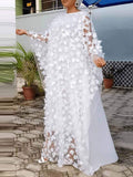 Round-Neck Loose H-Line Long Sleeve Applique See-Through Maxi Dress