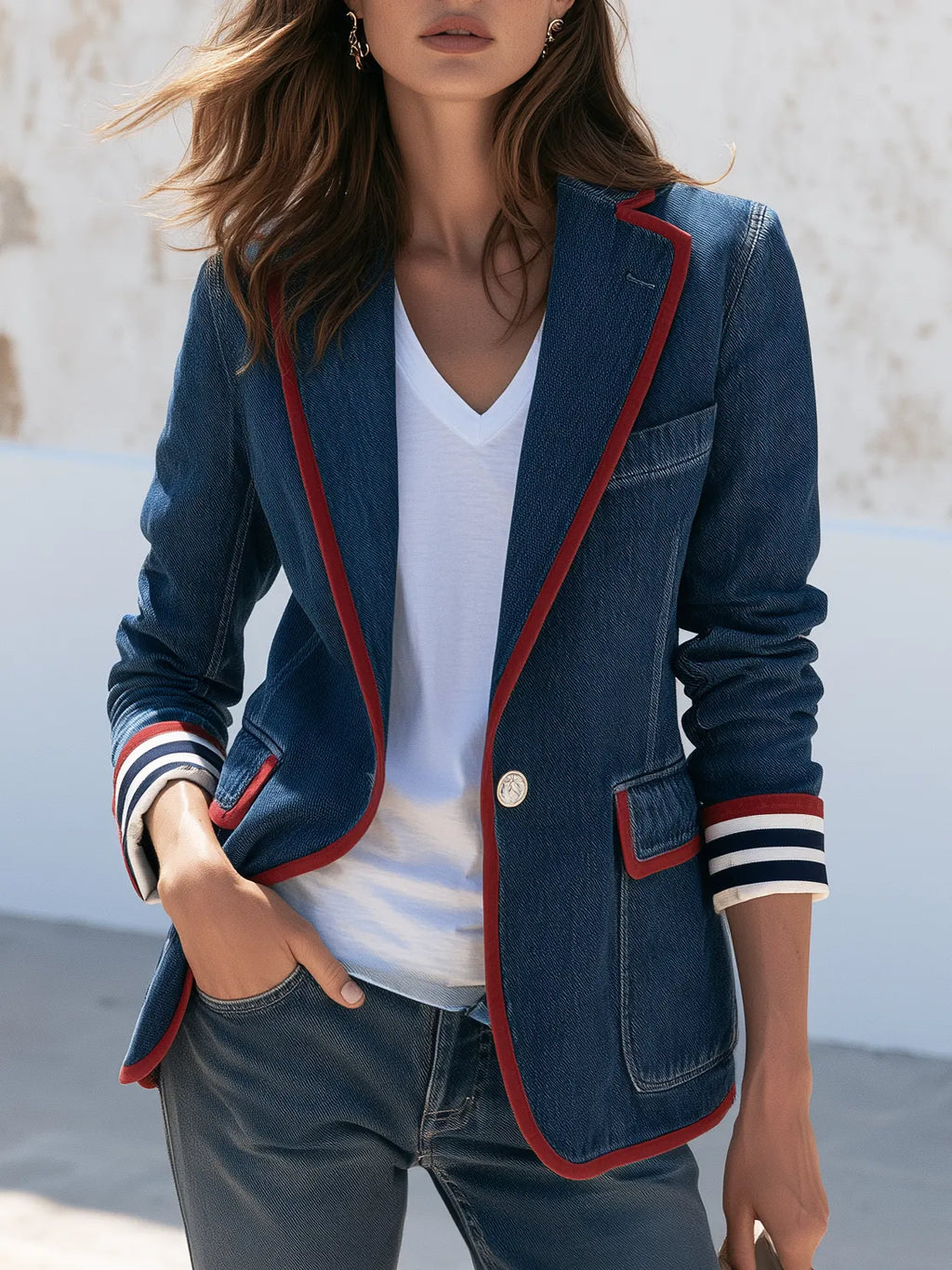 Retro Casual Color-blocked Trim Washed Distressed Denim Blazer