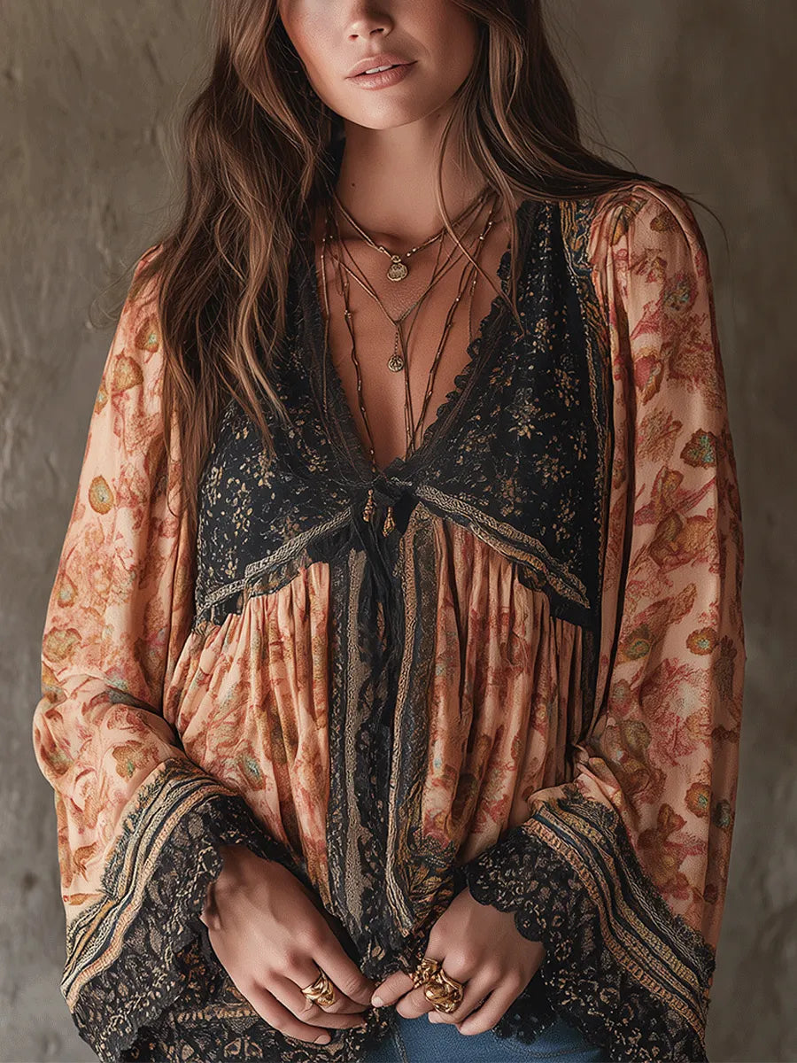 Bohemian Floral Lace Trim Blouse