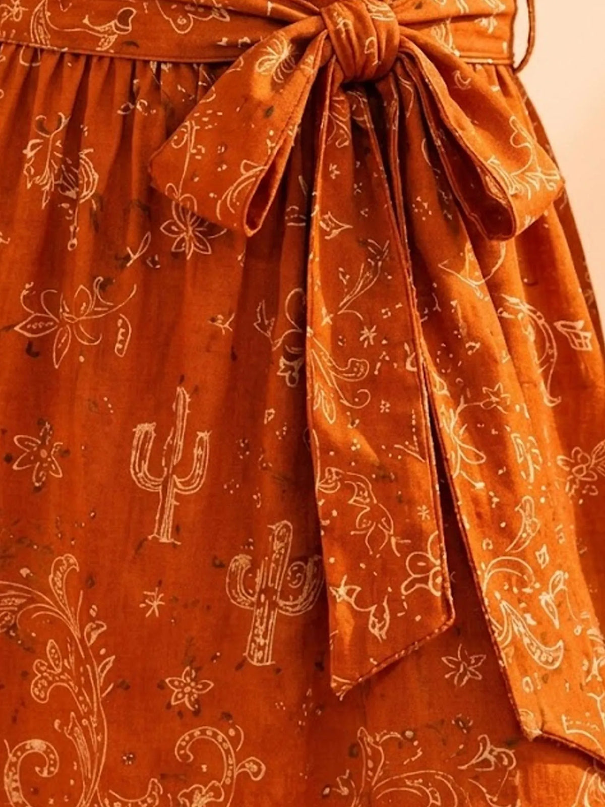 Perfect for Sunset Desert Music Festivals — Rust Orange Cactus Line Print and V-Neck Flutter Sleeve Smooth Breathable Rayon 2026 Spring/Summer Women's Tie-Waist Mini Dress
