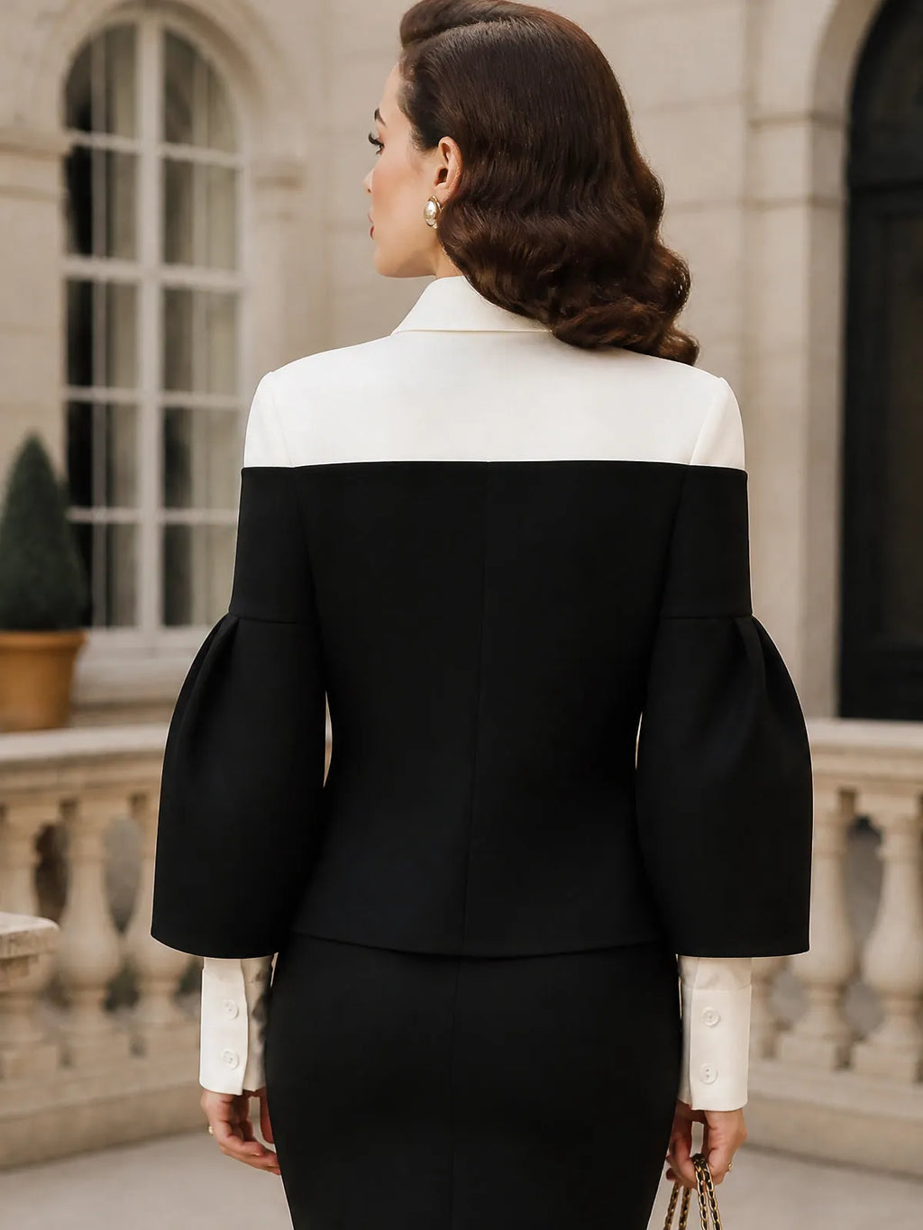 Vintage Black White Foldover-Collar Bell-Sleeve Button Jacket
