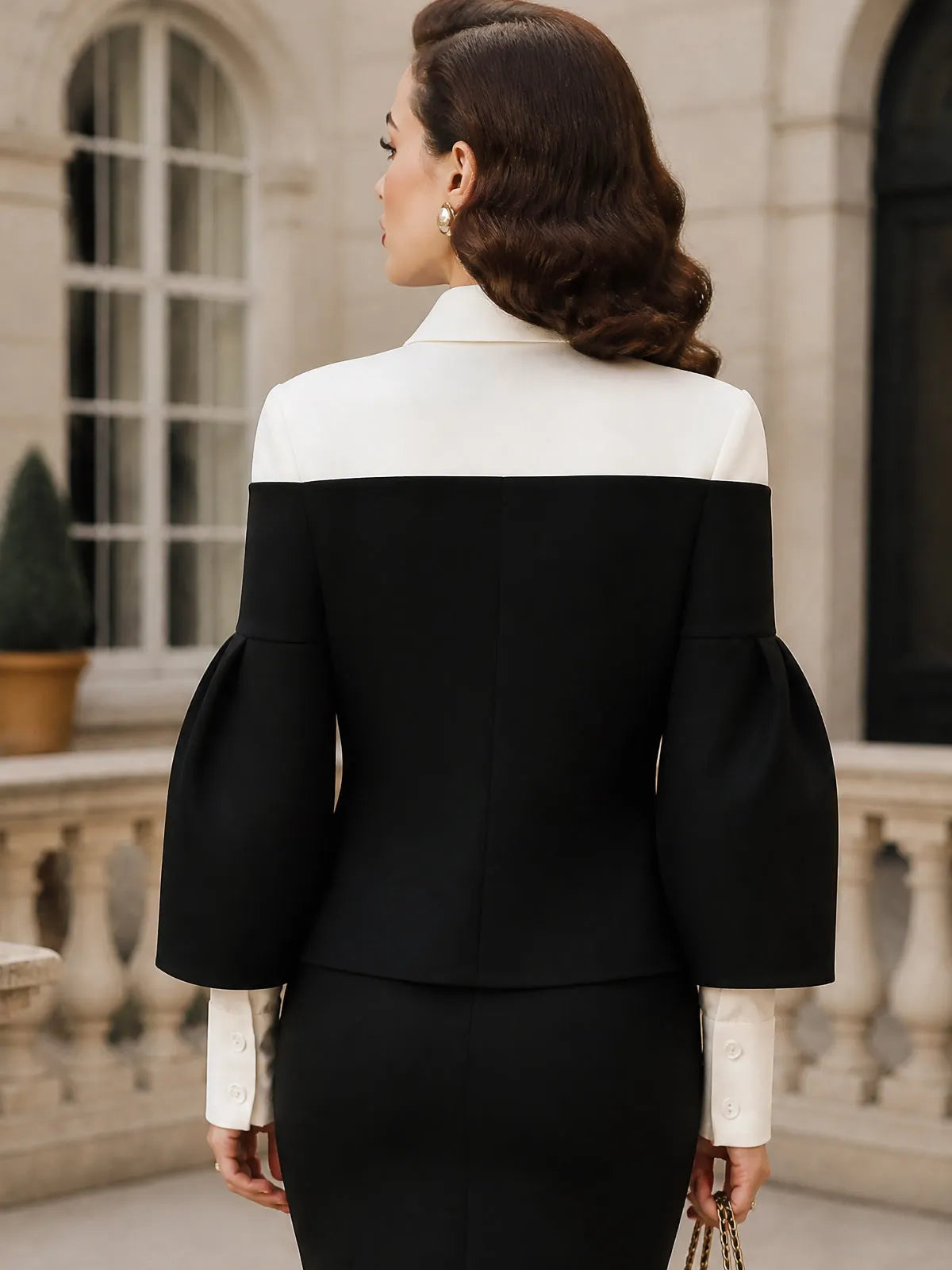 Vintage Black White Foldover-Collar Bell-Sleeve Button Jacket