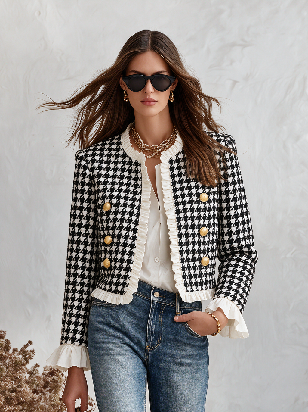 Resort-style Crew-neck Houndstooth Ruffle Jacket