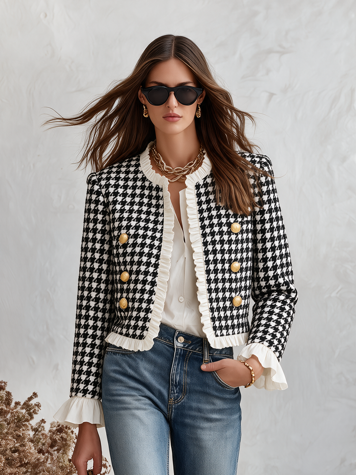 Resort-style Crew-neck Houndstooth Ruffle Jacket