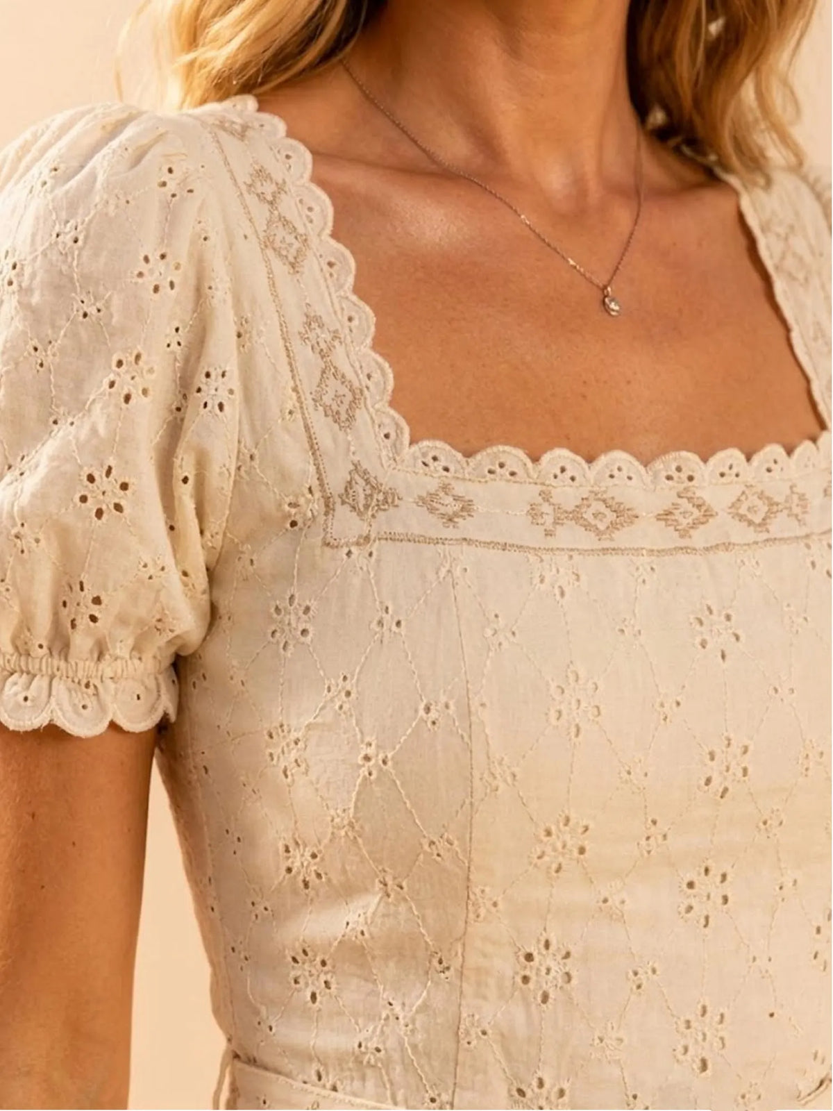 Perfect for Country Music Festivals and Outdoor Parties, Ivory White, Eyelet Embroidery Square Neck Puff Sleeves with Belt, Comfortable Breathable Cotton-Blend, 2026 Spring/Summer Women's Cinch-Waist A-Line Mini Dress