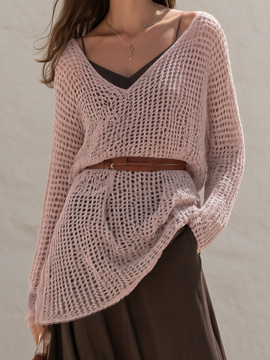 Dusty Pink Open Knit Crochet V Neck Sweater And Flowing Chocolate Brown Maxi Skirt Two Piece Set