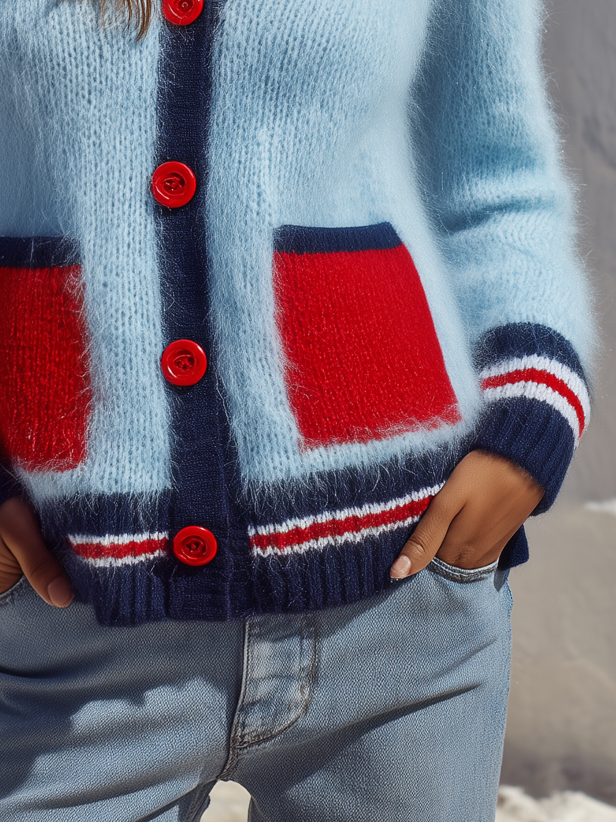 Retro Color-blocked Mohair Knit Cardigan