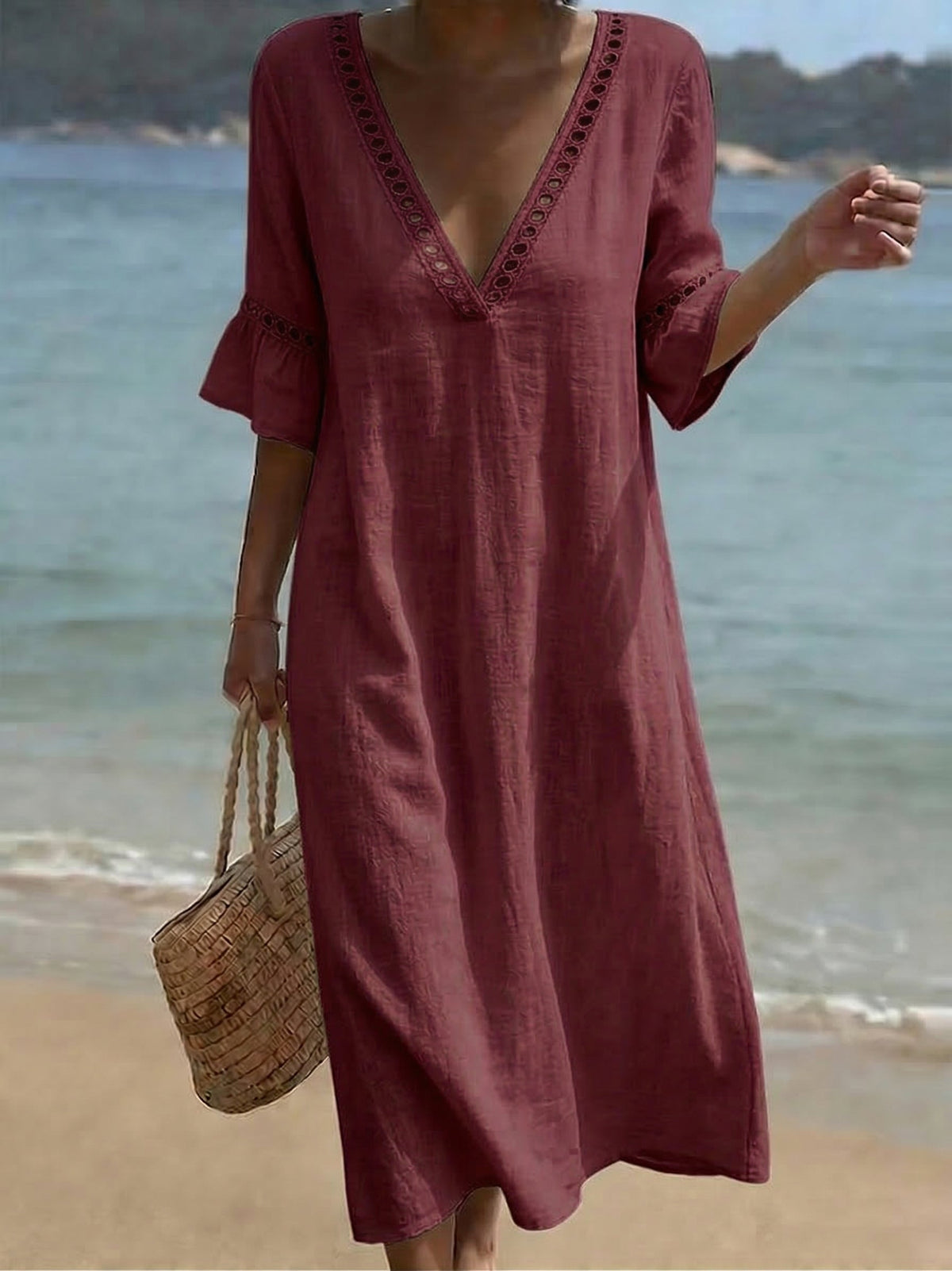 Cozy Cutout-panel V-neck Cotton-linen Dress