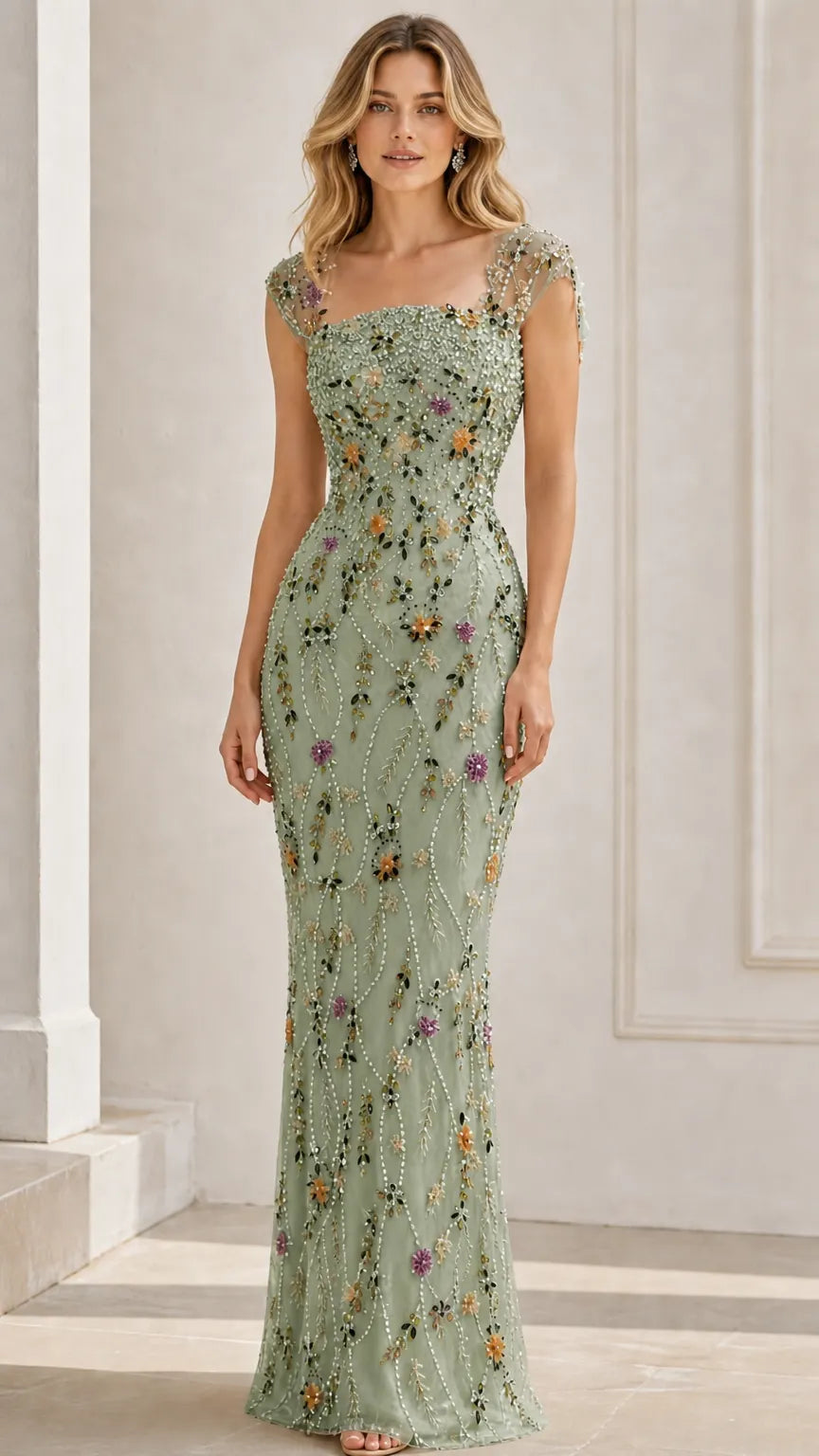 Floral Beaded Cap Sleeve Column Evening Gown with Square Neckline