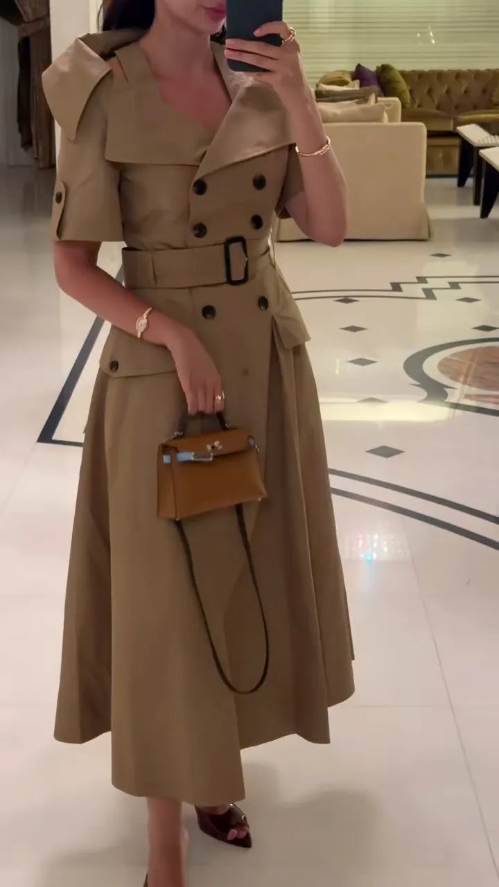 Khaki Trench‐Style Midi Dress
