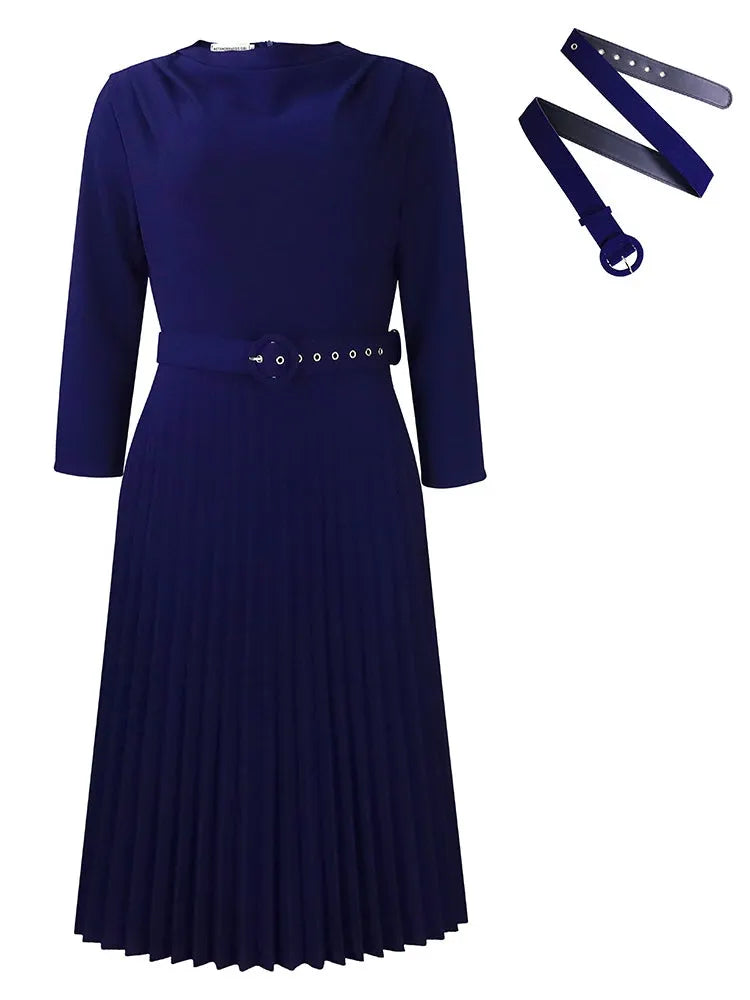 Elegant Solid Color Pleated Dress with Belt