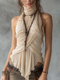 Bohemian Ruched Turtleneck Halter Draped Chiffon Top