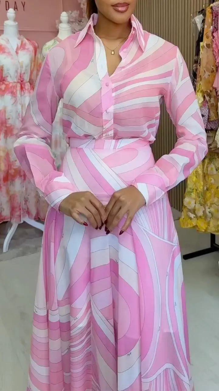 Pink Swirl Print Shirt Maxi Skirt Two‐Piece Set