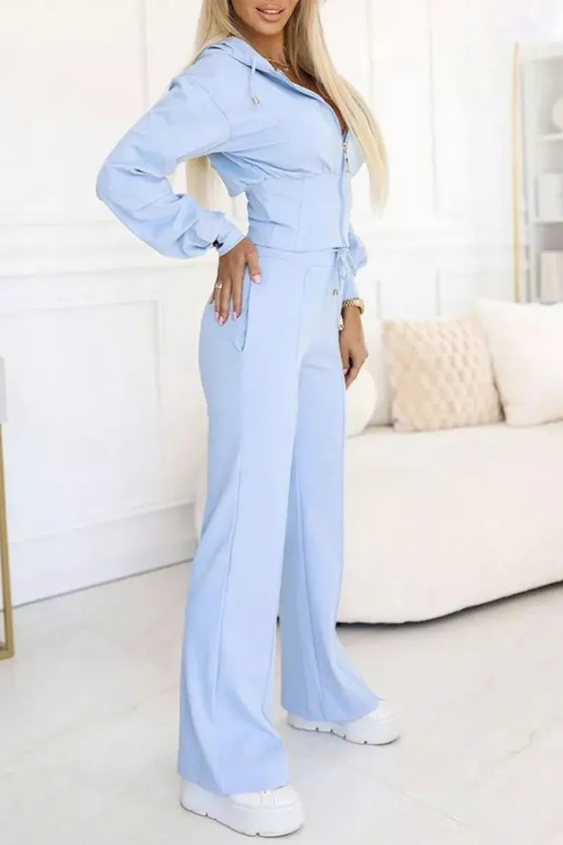 Ladies Round Neck Hooded Zipper Top+ Pants with Casual Temperament Suit